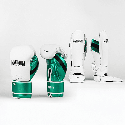 Kit Luva e Caneleira Muay Thai Profissional Branca Detalhes Verde