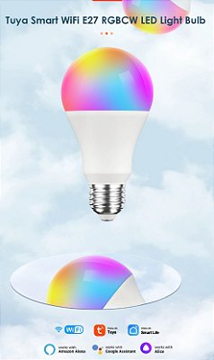 Lâmpada inteligente de LED, 15W, colorida RGBCW, soquete E27, Alexa e Google Home