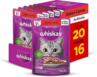 Ração Úmida Whiskas Sachê Carne ao Molho para Gatos Adultos - Leve 20 Pague 16