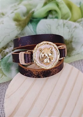 Pulseira de Couro 3 voltas com Bridão Dourado de Tigre