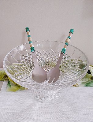 Garfo e Colher de Salada de Inox Decorados com Resina Turquesa e Marfim
