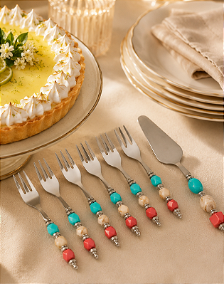 Kit Garfo e Espátula de Bolo de Sobremesa Decorado com 7 peças