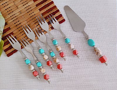 Kit Garfo e Espátula de Bolo de Sobremesa Decorado com 7 peças