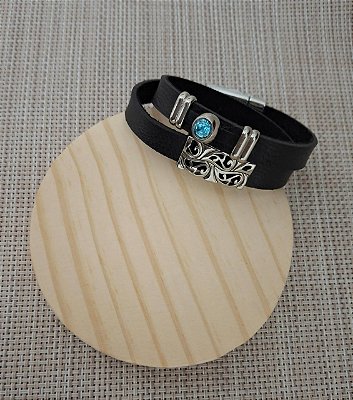 PULSEIRA DE COURO PRETA DE DUAS VOLTAS