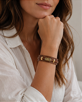 Pulseira de Couro e Passante Arabesco Dourado