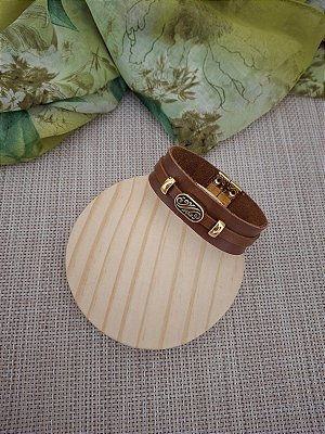 Pulseira de Couro e Passante Arabesco Dourado