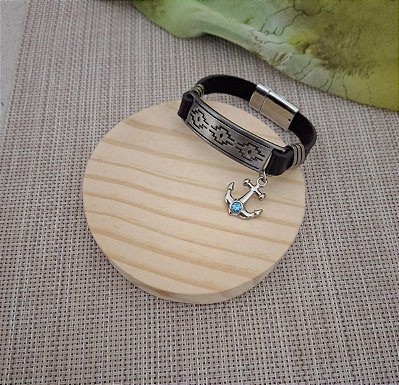 PULSEIRA DE COURO COM BRIDÃO E PINGENTE DE ANCORA COM STRASS AQUAMARINE