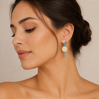BRINCO PENDENTE COM RESINA OFF-WHITE E TURQUESA
