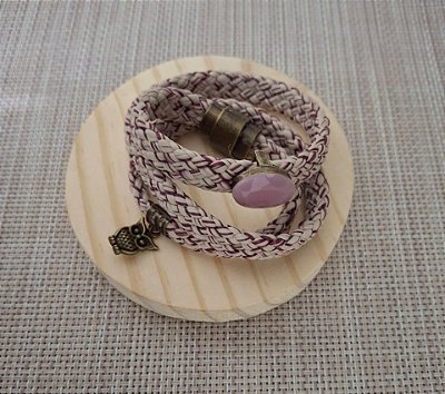 Pulseira de Corda Náutica Chata Nude Mesclado de Três Voltas com Passante e Chaton Rose