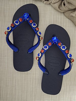 Chinelo Havaiana Customizado com Pedrarias Azul Marinho 35/36