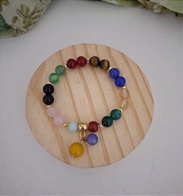 Pulseira em Pedra  Natural Ágata Colorida e Olho de Tigre