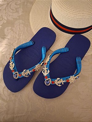 Chinelo Havaiana Customizado com Pedrarias Náutico Azul 37/38