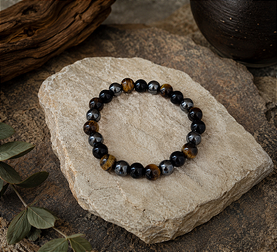 Pulseira Escudo de Proteção Olho de Tigre, Onix e Hematita