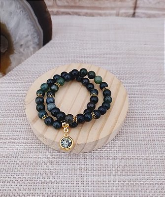 Pulseiras em Ágata Natural Verde com Pingente de Strass