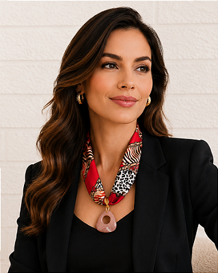 Colar de Lenço Estampado Vermelho com Pingente