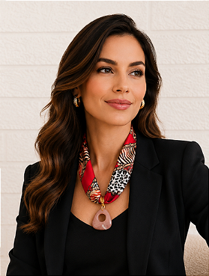 Colar de Lenço Estampado Vermelho com Pingente