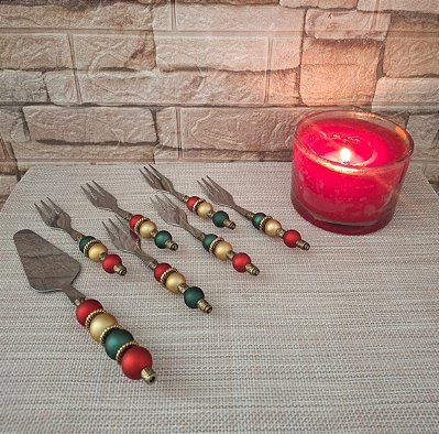 Kit Garfo e Espátula de Bolo de Sobremesa Decorado Natal com 7 peças
