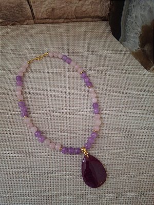 Colar Quartzo Ametista Lilás Pingente Ágata