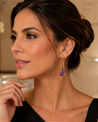 Brinco Pendente Dourado com Quartzo Ametista