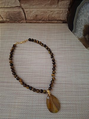 Colar Olho de Tigre com Pingente Ágata Marrom