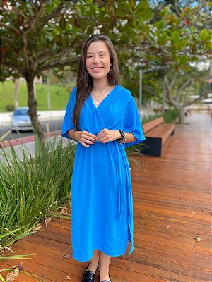 Vestido transpassado (crepe dunna) - Azul