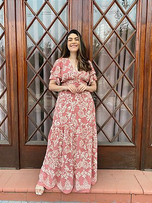 Vestido longo transpassado estampado (Rosê)