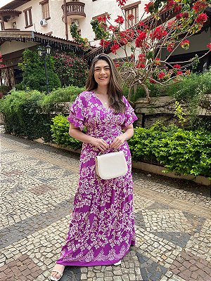 Vestido longo transpassado estampado (Fúcsia)