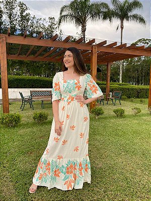 Vestido Florido (Verde e Laranja)