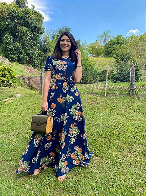 Vestido longo florido (Azul marinho)