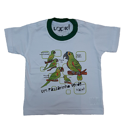 Camiseta LOOK! X Ornitologia e Arte - Passarinho Verde Infantil.