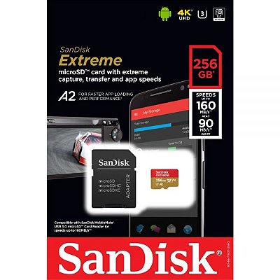 Memória Micro Sd Sandisk Extreme 160-90 Mb/S C10 U3 256 Gb (Sdsqxa1-256G-Gn6Ma)