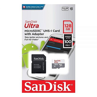 Memória Micro Sd Sandisk Ultra 100 Mb/S C10 128 Gb (Sdsqunr-128G-Gn3Ma)