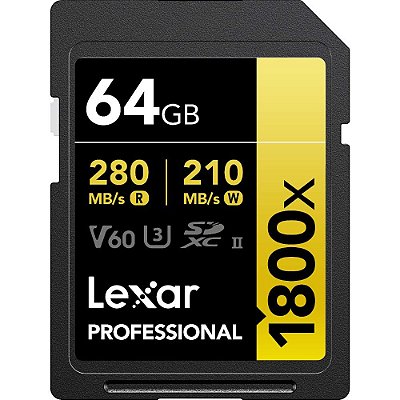 Memória SD Lexar Professional 1800X Serie Gold 280-210 MB/s C10 U3 V60 64 GB (LSD1800064G-BNNNU)