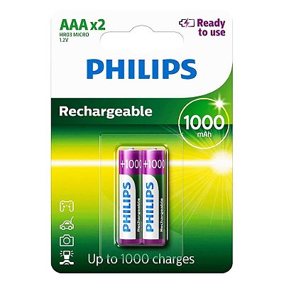 Pilhas Recarregáveis Philips AAA x 2 R03B2RTU10/97 - 1000 mAh