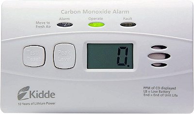 Detector de monóxido de carbono Kidde com bateria de 10 anos, display digital, 3 LEDs, indicador de substituição, memória de nível máximo.