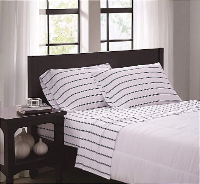 Jogo de Lençol e Fronha de Microfibra Twin Truly Soft Everyday - Coleção Ticking Stripe - Branco/Marinheiro, (SS3864WNTW-4700)