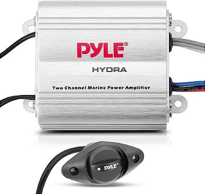 Amplificador Marítimo Pyle Hydra - Série Elite Atualizada 400 Watts 2 Canais Micro Amplificador - À Prova d'Água, Controles de Nível GAIN, Entrada RCA Estéreo, Entrada Jack 3.5mm e Cont