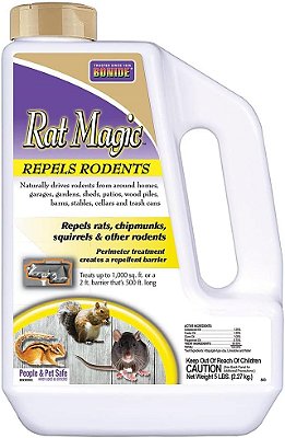 Repelente de roedores Bonide Rat Magic, 5 lb. Grânulos prontos para uso para controle de roedores em ambientes internos e externos, seguro para pessoas e animais de estimação.