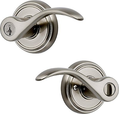 Baldwin Tobin, Maçaneta de Porta de Entrada Reversível com Fechadura com Chave, Apresentando Tecnologia de Re-chaveamento SmartKey e Proteção Microban, em Níquel Acetinado