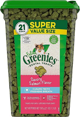 Petiscos de cuidado dental natural para gatos adultos Greenies sabor salmão, 21 oz. recipiente