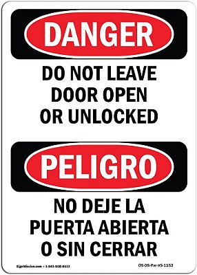Placa de Perigo da OSHA - Não Deixe a Porta Aberta ou Destrancada Bilíngue | Placa de Alumínio | Proteja seu Negócio, Canteiro de Obras, Área de Loja | Fabricado nos EUA