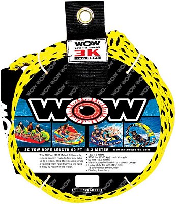 Corda de reboque WOW Sports 3k 60 pés com boia de espuma flutuante - Corda de reboque para 1, 2 ou 3 pessoas para barcos, 17-3030