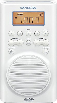 Rádio à prova d'água para chuveiro Sangean H205 AM/FM com Alerta de Tempo Branco 6.14x 4.01x 9.72