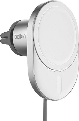 Carregador de carro sem fio Belkin BoostCharge™ Pro com compatibilidade MagSafe, carregamento rápido de 15W, suporte de telefone magnético extra forte para ventilação de carro para iPhone 14, iPhone 13 e iPhone 12 - Branco