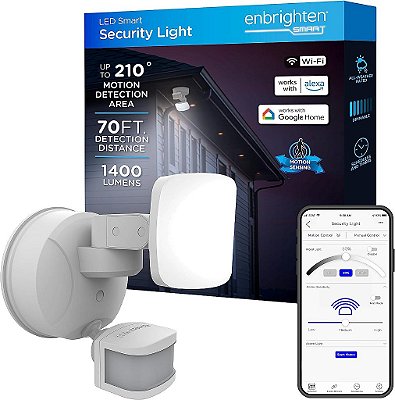 Luz de segurança inteligente Enbrighten LED Wi-Fi, Controle pelo aplicativo, Ativada por movimento, Cabeça única, Branca, Listada pela ETL, Resistente a UV, 1400 lumens, 4000K, Luz de inund