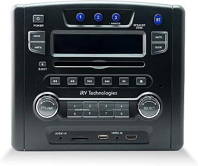 Tecnologia iRV iRV34 Rádio Estéreo para RV com montagem na parede, AM/FM/CD/DVD/MP3/MP4 /USB/SD/HDMI/Digital2.1/Surround Sound/Bluetooth 3 Zonas