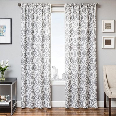 Softline Colby Premium Cortina Sem Forro de Janela com 3 Bolso para Varão e Padrão Medallion Tradicional, Branco/Azul, 55 x 96
