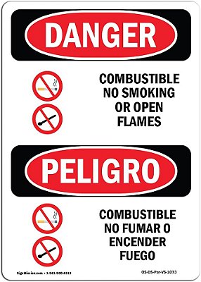 Placa de perigo da OSHA - Combustível Proibido fumar Chamas abertas Bilíngue | Adesivo | Proteja seu negócio, canteiro de obras, área de loja | Fabricado nos EUA