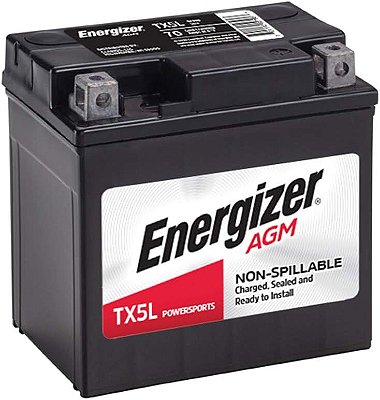 Bateria de moto e ATV Energizer TX5L AGM de 12V, 70 amps de partida a frio e 4 Ahr, substitui: YTX5L-BS e outros, preto.
