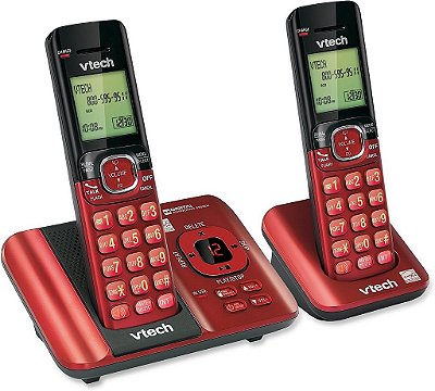 Sistema de telefone VTech CS6529-26 DECT 6.0 com identificação de chamadas/chamada em espera, 2 bases sem fio, vermelho.